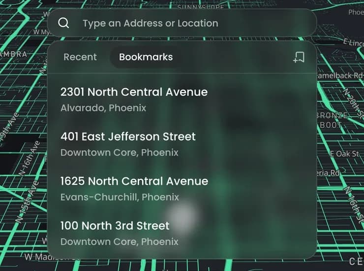 The Bookmarks tab under the search bar, listing saved places