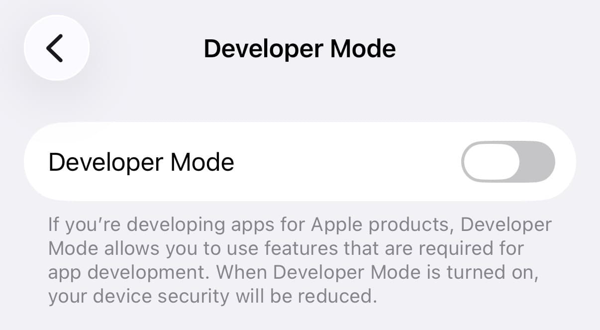 Developer Mode in Settings
