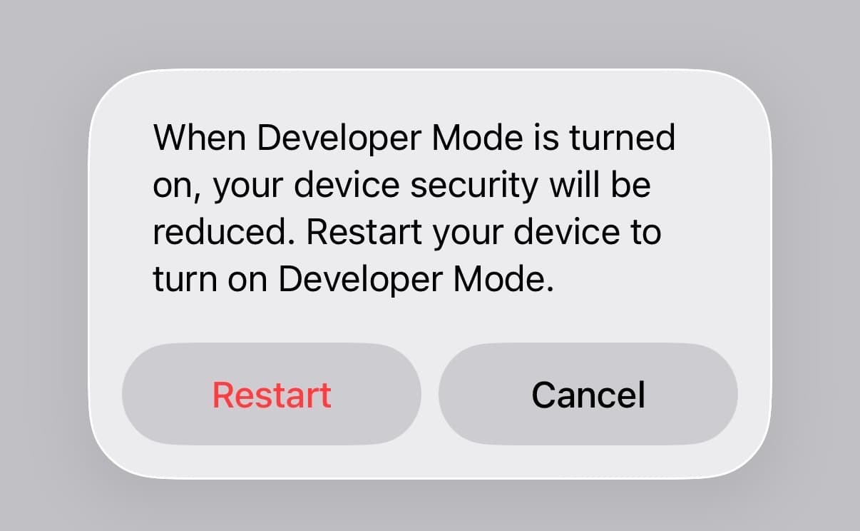 Developer Mode restart prompt