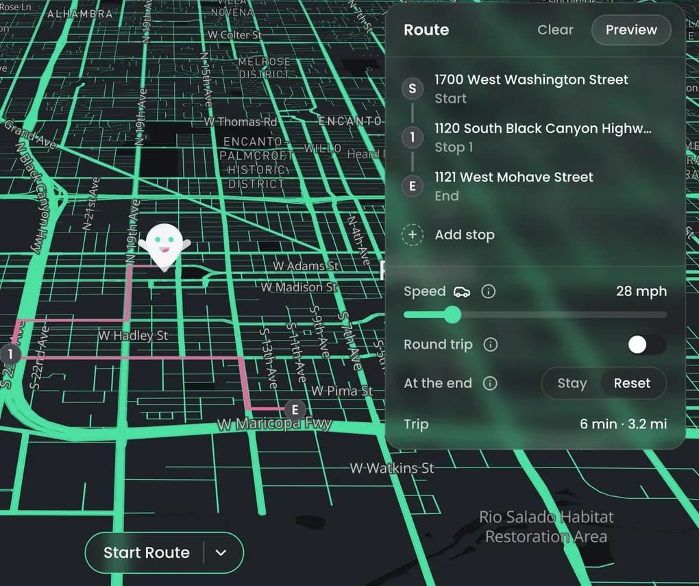 A route with a start, one stop and an end in the Route panel, and Start Route at the bottom