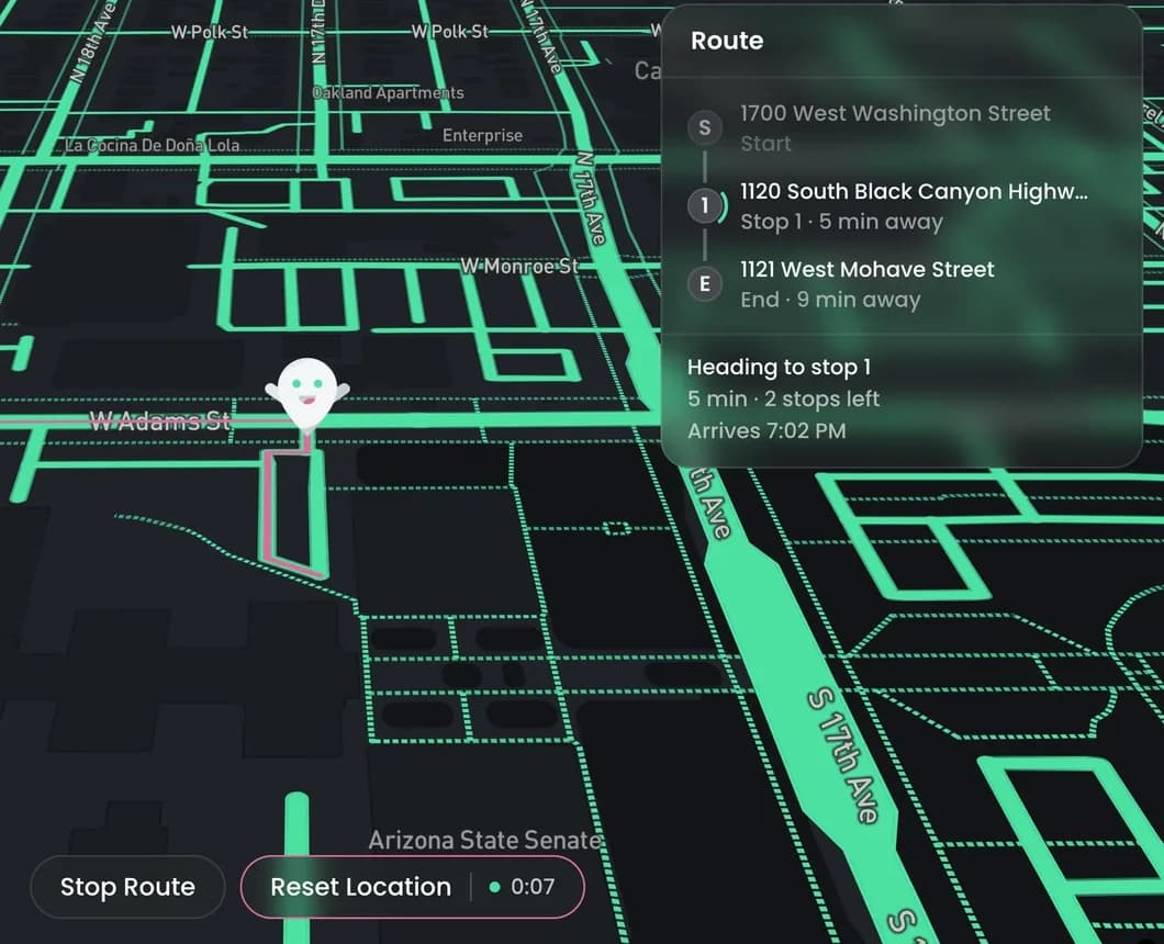 A running route heading to stop 1, with Stop Route and Reset Location at the bottom