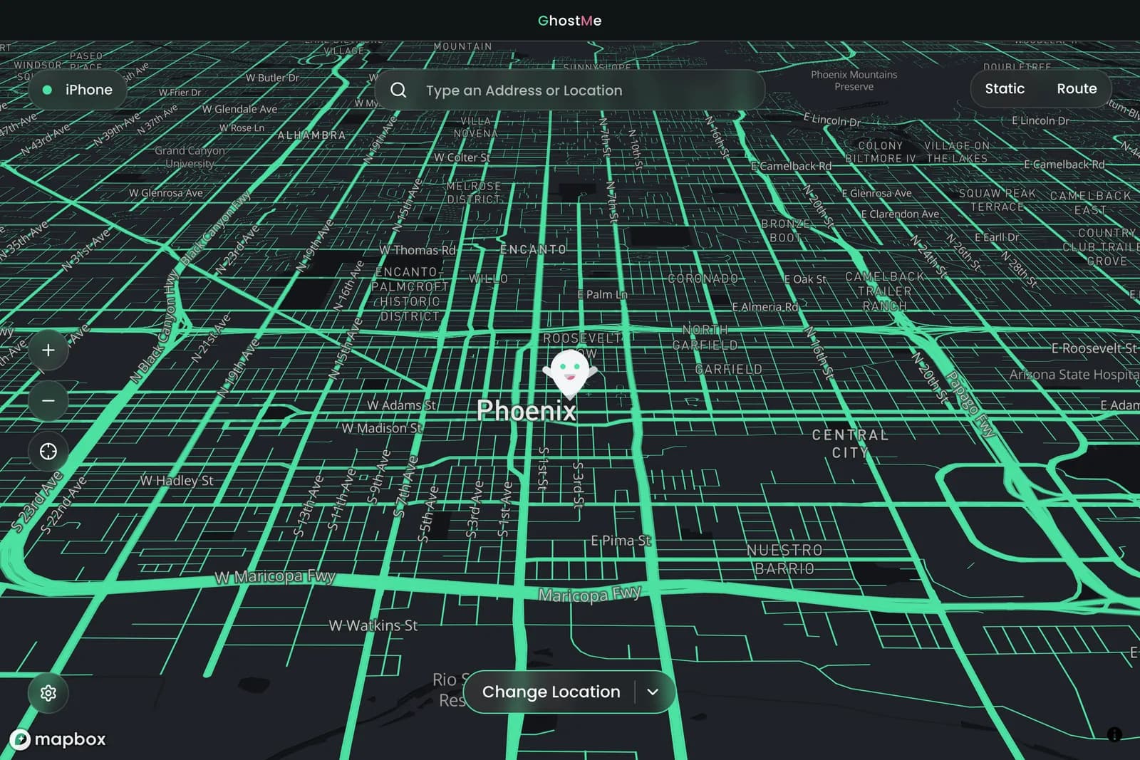 The map with the ghost placed and Change Location at the bottom